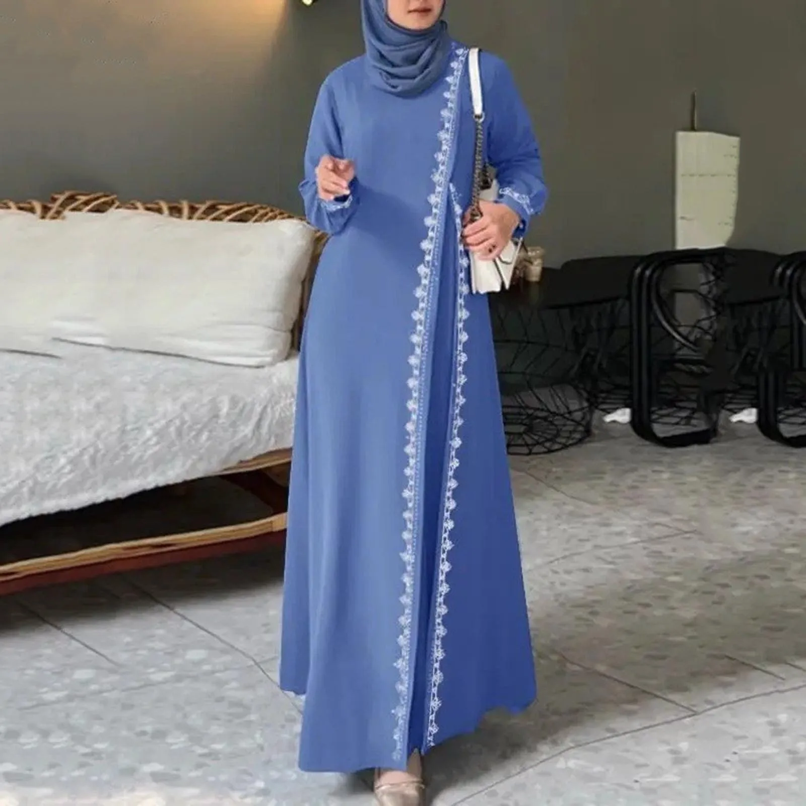 

Muslim Women's Elegant Long Sleeve Embroidered Dress Casual Spring Fashion Vest Dress Floral Print Loose Fit Maxi Casual Dress