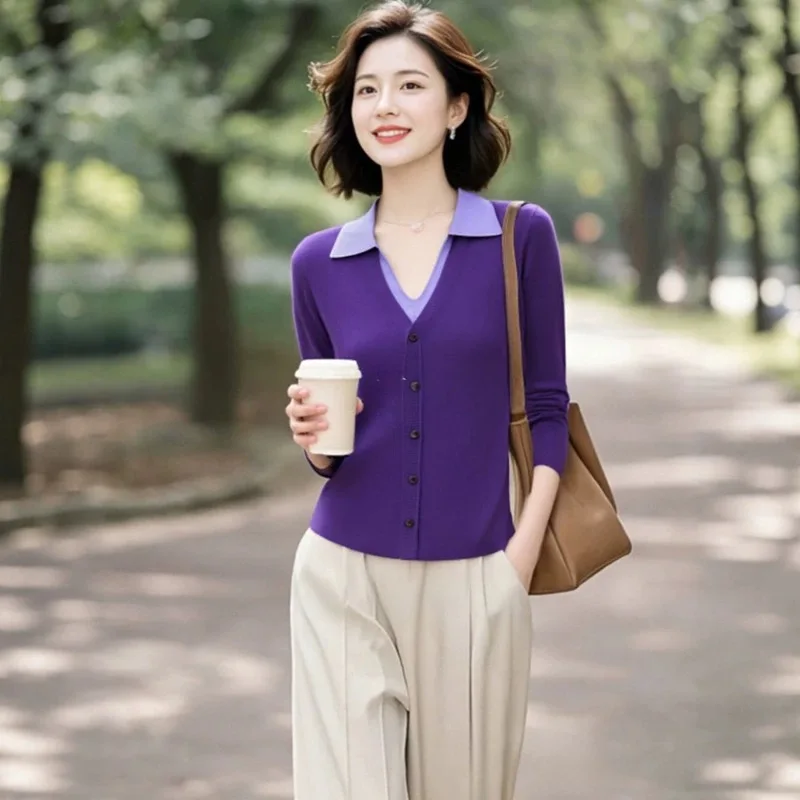 Faionable Knitted Apparels Fake Two-Piece Patchwork Color Blo Top Women's Premium Sweater Autumn Season Woolen 00%