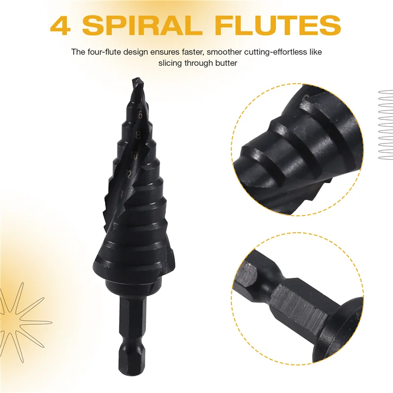 

A23P M35 Кобальтовое сверло с четырьмя спиральными канавками, ступенчатое сверло по металлу, 3/16 "-7/8" 12 размеров, шестигранный хвостовик 1/4 дюйма