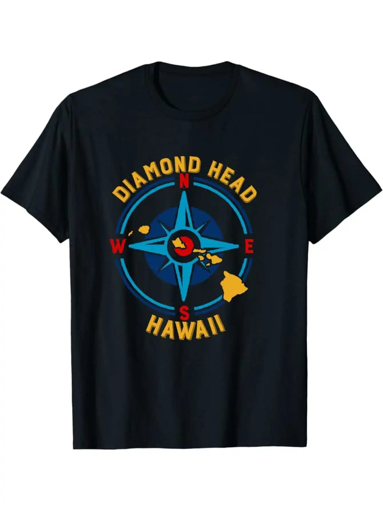 Hawaiian Diamond Head & Compass Rose Map Print T-Shirt 100% Cotton O-Neck Short Sleeve Summer Casual Mens T-shirt Streetwear