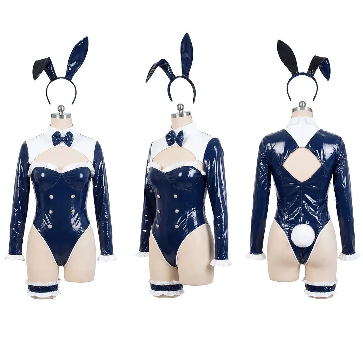 FEATURIUM×Gliko Shiny Patent Leather Bunny Girl Cosplay Costume High Cut Bodysuit with Hollow Out Chest