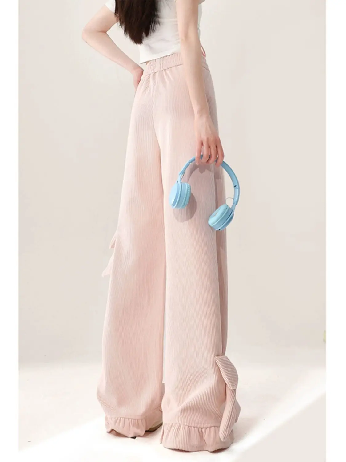 Pink Bow Casual Pants for Women Design Straight Wide Legs Stylish Flared Long Pants for Commuting