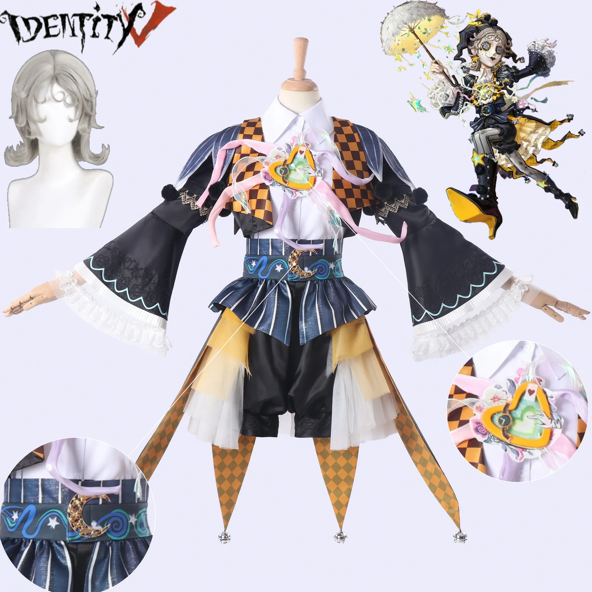 Identity V Voyageur d'été Artiste Mime Ensemble complet de cosplay pour femme, avec perruque et coiffe, pour Comic Con Halloween