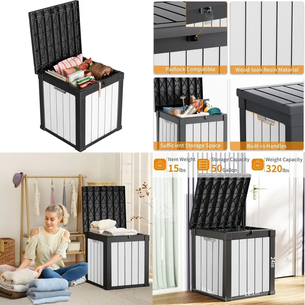 

Ящик для хранения на открытом воздухе объемом 50 галлонов, из УФ-стойкой смолы, с усиленной стабильностью для патио, сада и зоны у бассейна, черно-белый в полоску