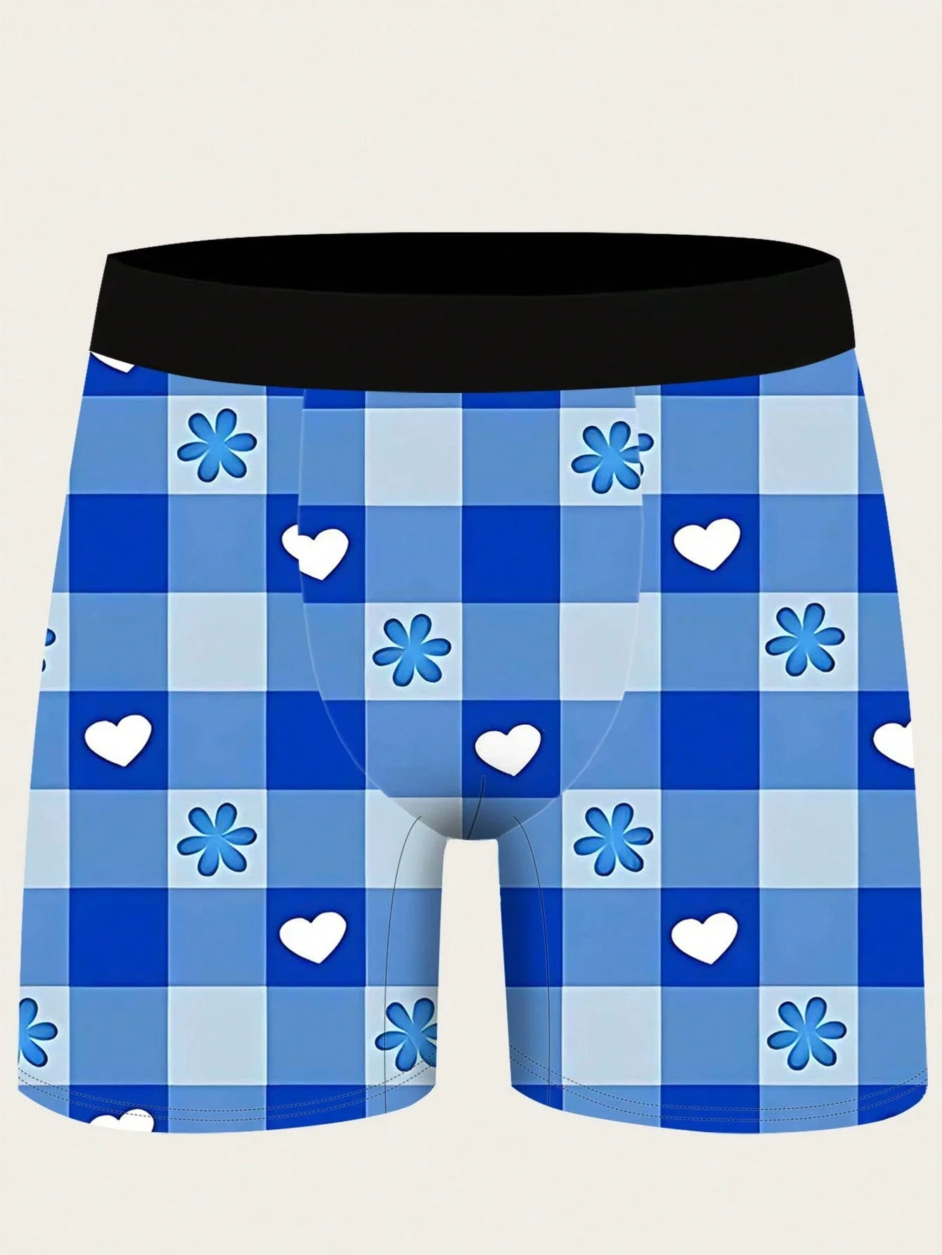 

Мужские трусы-боксеры из полиэстера, сине-белые, в клетку, с цветочным принтом и сердечками, мягкие, эластичные, нижнее белье