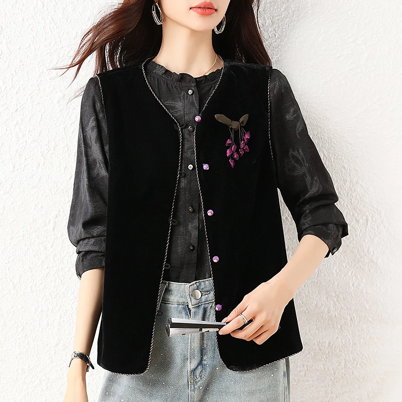 

Новый китайский бархатный женский жилет, весенне-осенний нагрудный жилет с цветочным принтом, верхняя одежда, модный круглый Ne полиэфирное волокно