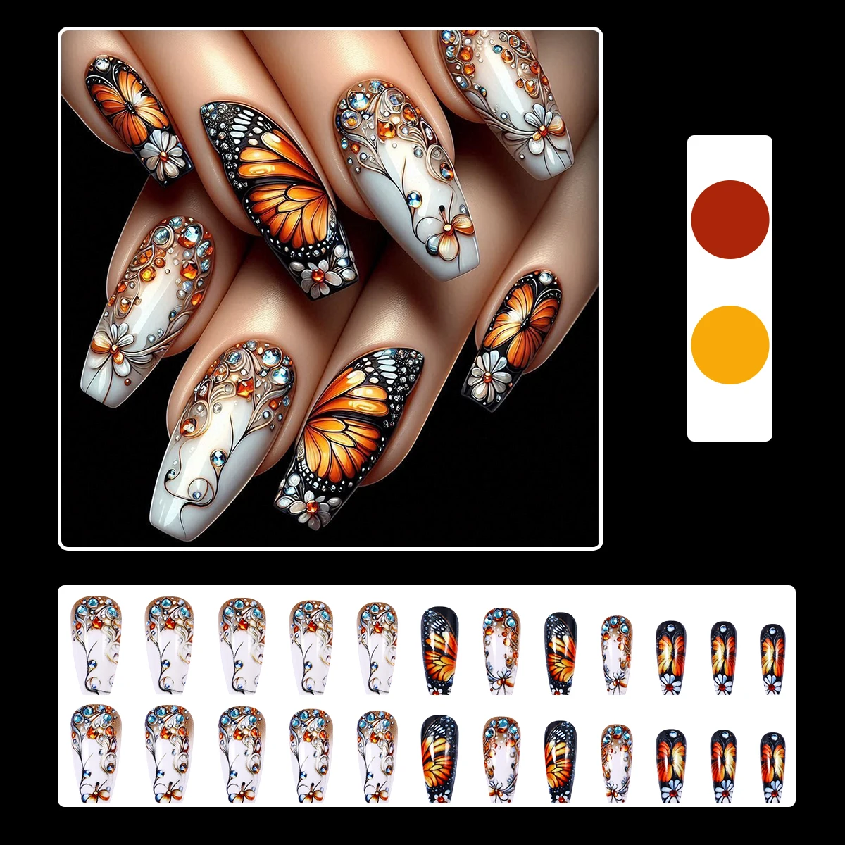 Flower Press on Nails with Butterflies Long Coffin False Nails with Glue Fake Nails with Rhinestones Ballet Press on Nails Set