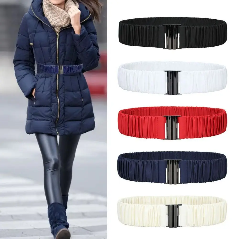 Retro 5cm wide Down Coat Waist Belt Casual Elastic Stretch Waistband Buckle Solid Color Pleated Down Jacket Waistband