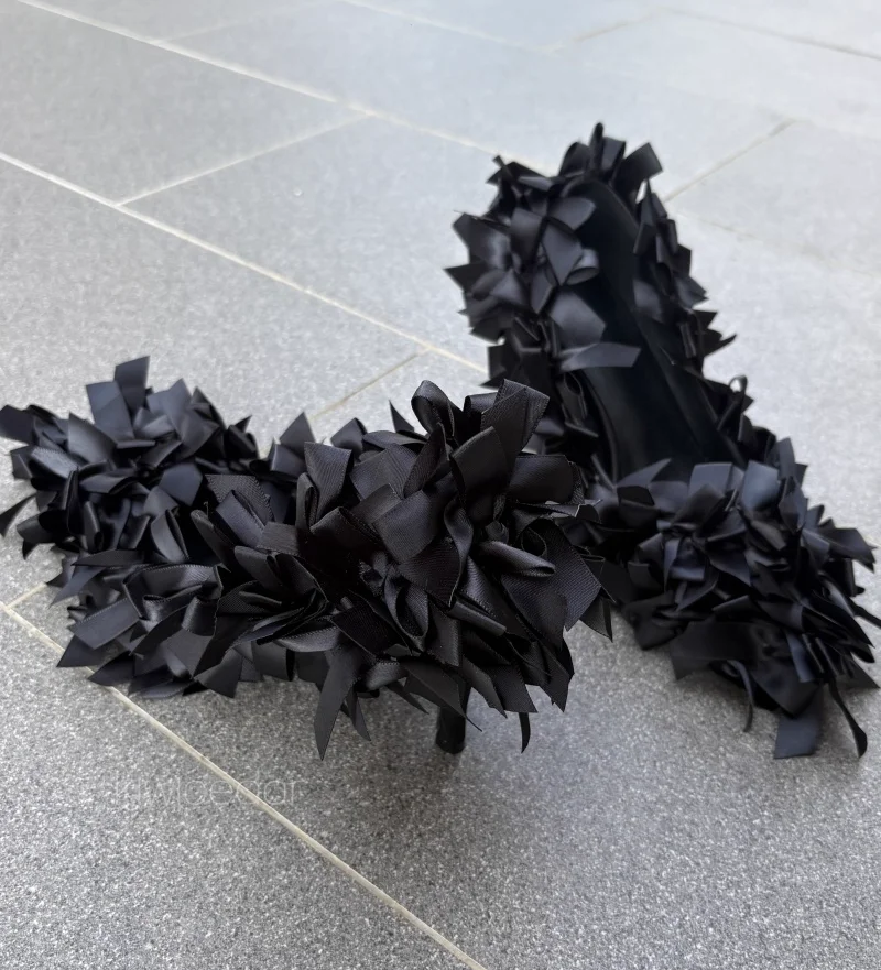 

Elegant Black Bow Decor Satin Pointed-Toe Pumps Slip-On Stiletto Heel Custom Women's High Heels for Evening Looks