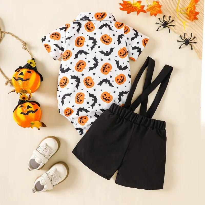 Halloween Outfit Pumpkin Ghost Sets Baby Suits Lapel Neck Short Sleeve Romper Overalls Set Cute Carnival Costume Newborn Items