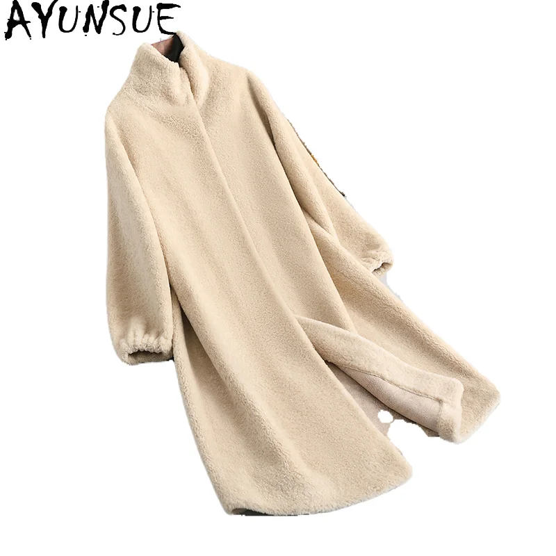 معطف من الصوف الطبيعي 100% من AYUNSUE للنساء ملابس بياقة واقفة معطف فرو مخملي حبيبي متوسط الطول ملابس نسائية كوفتا С ميخيم