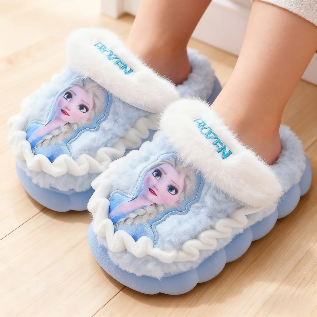 

Зимние детские хлопковые домашние тапочки принцессы Диснея и Эльзы, зимние нескользящие теплые детские тапочки «Холодное сердце» для девочек, розовые, синие, размер 24-36