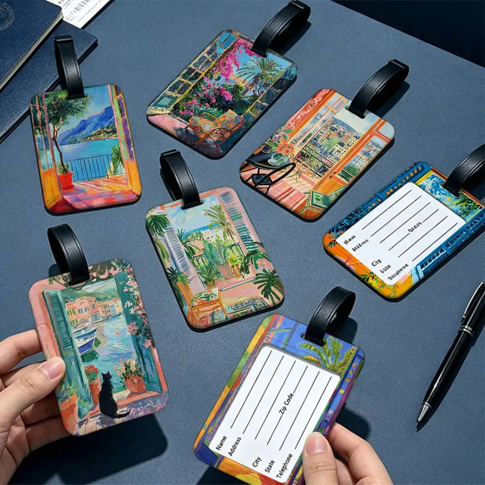 Retro Abstract Open Window PVC Waterproof Luggage Tag Anti lost Information Card Cover For Student Bag Travel Suitcase