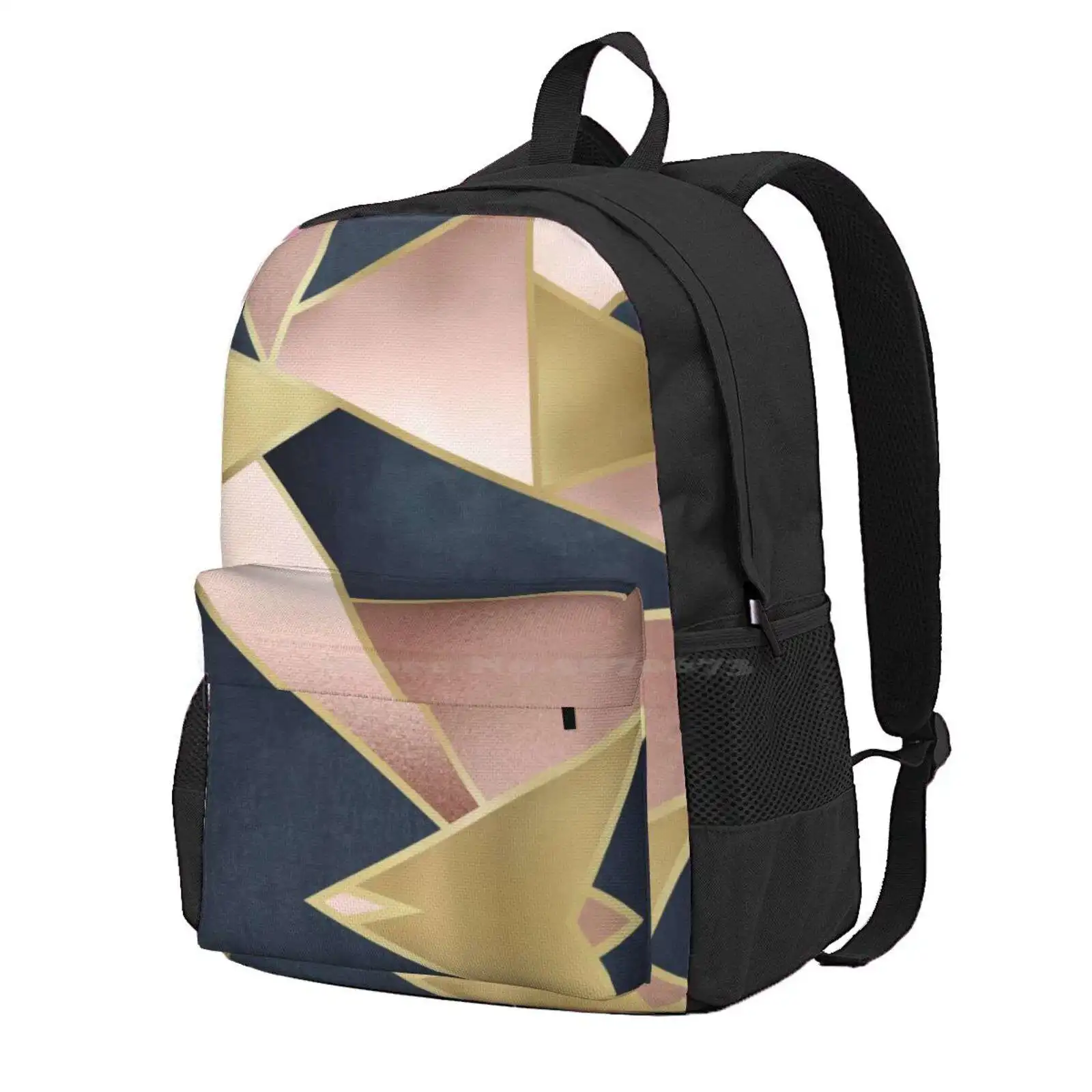 Geometric, Rose Gold, Pink, Gold And Navy Blue, Abstract, Pattern Hot Sale Schoolbag Backpack Fashion Bags Geometrical Geometry