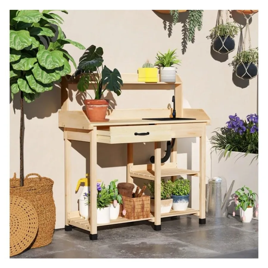 Wooden Potting Bench Table with Removable Sink, Faucet Connection, Drawer, Storage Shelves and Tool Hooks, Outdoor Garden Works