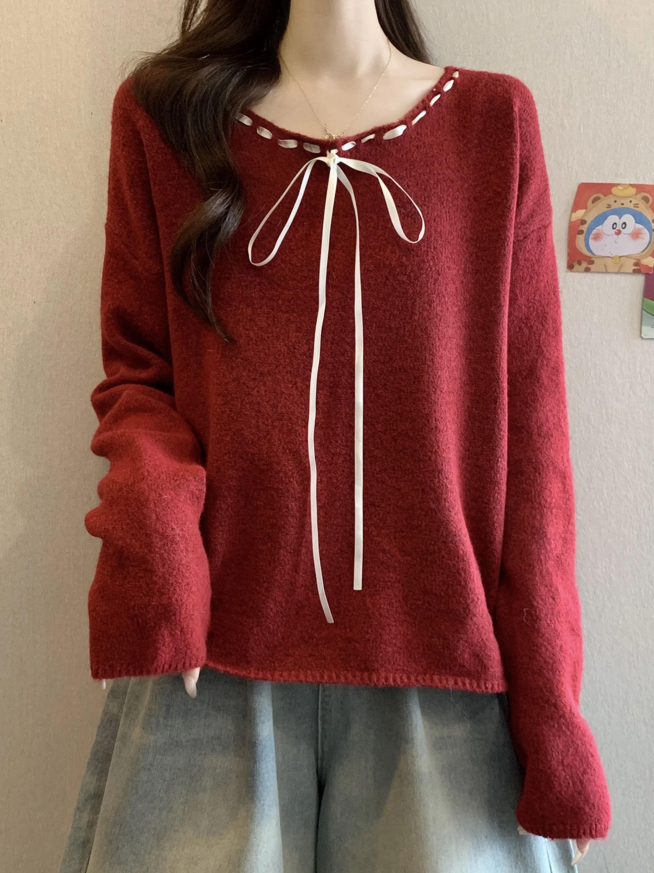 

plus Size Women's Knitted Sweater with Bow Tie Shoulder High Waist Soft Cozy Commute Style Korean Version Loose Fit Top