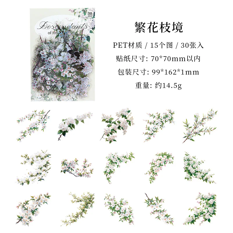 30 stuks/pak retro plant bloem PET waterdichte stickers handgemaakte account plakboek fotoalbum decoratie DIY materiaal sticker