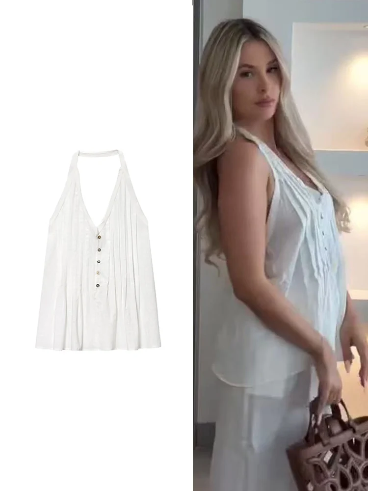 

TFMLN Chic Women Halter Neck Tank Tops Summer Fashion Backless Pleated Sexy Tops Female White Casual Beach Party Club Wear