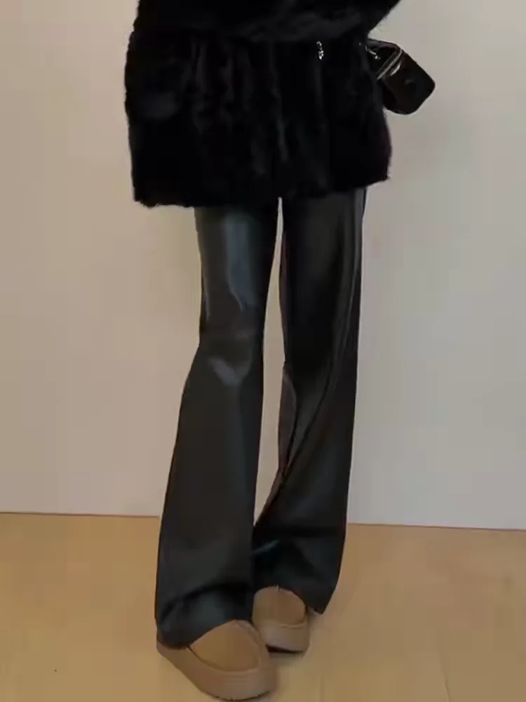 

Стильные черные брюки из натуральной кожи с высокой талией, широкими штанинами, прямые, в пол, женские, удобные, повседневные