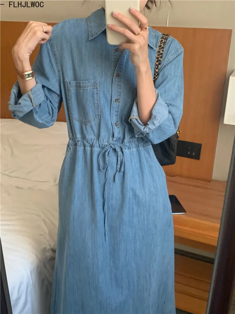 Denim Dresses New Design Woman Casual Cute Sweet Korea Chic Style Girls Retro Vintage Cotton Jeans Blue Long Denim Shirt Dress