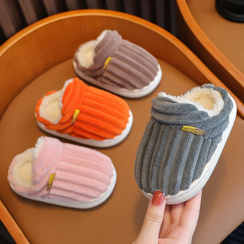 Slip-on Child Slippers Concise Stripe Winter Warm Plush Floor Slipper Non-slip Wrap Warm Boys Girls Shoes ﻿Baby Accessories