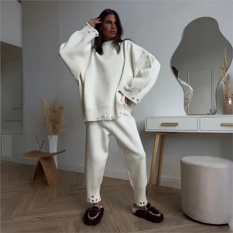 Autumn Winter Knit High Neck Hollow Out Sweater Long Pants 2 Piece Women's Fashion Elegant Oversize Long Sleeve Solid Color Sets