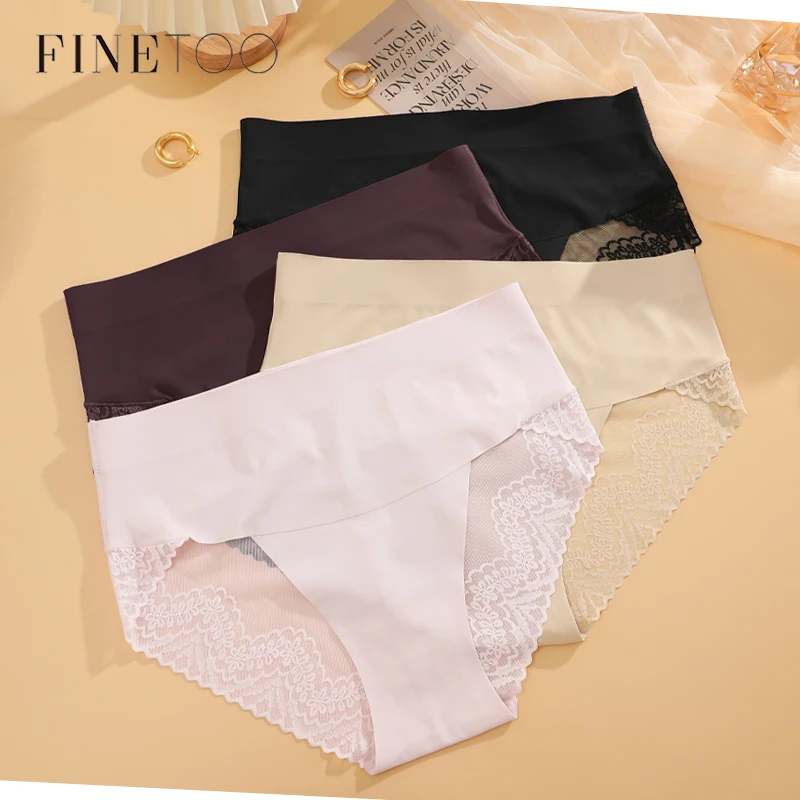 FINETOO Seamless Slimming Briefs Patchwork Lace Underwear for Women Sexy Mid Waist Hollow Panties Ladies High Stretch Lingerie