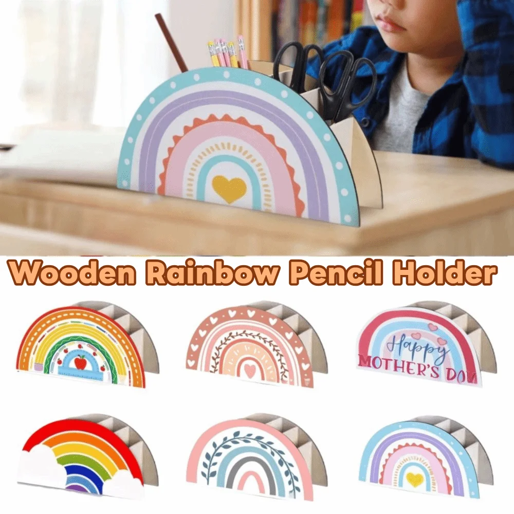 5 Slots Rainbow Pencil Holder Wooden Colorful Desk Organizer Geometric Shape Pen Cup Teacher's Day Pencil Holder Office Storage