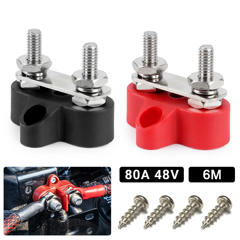 

1/4" M6 M8 M10 Terminal Block Stud 80A 48V Bus Bar Dual Power Distribution Post Heavy Duty Positive Negative for Truck RV Boat