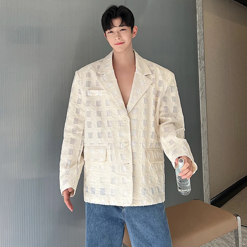 LUZHEN Designer Korean Loose Shoulder Pad Texture Plaid Sunscreen Blazer Coat Men's Elegant Casual Simplicity Thin Tops LZ6435