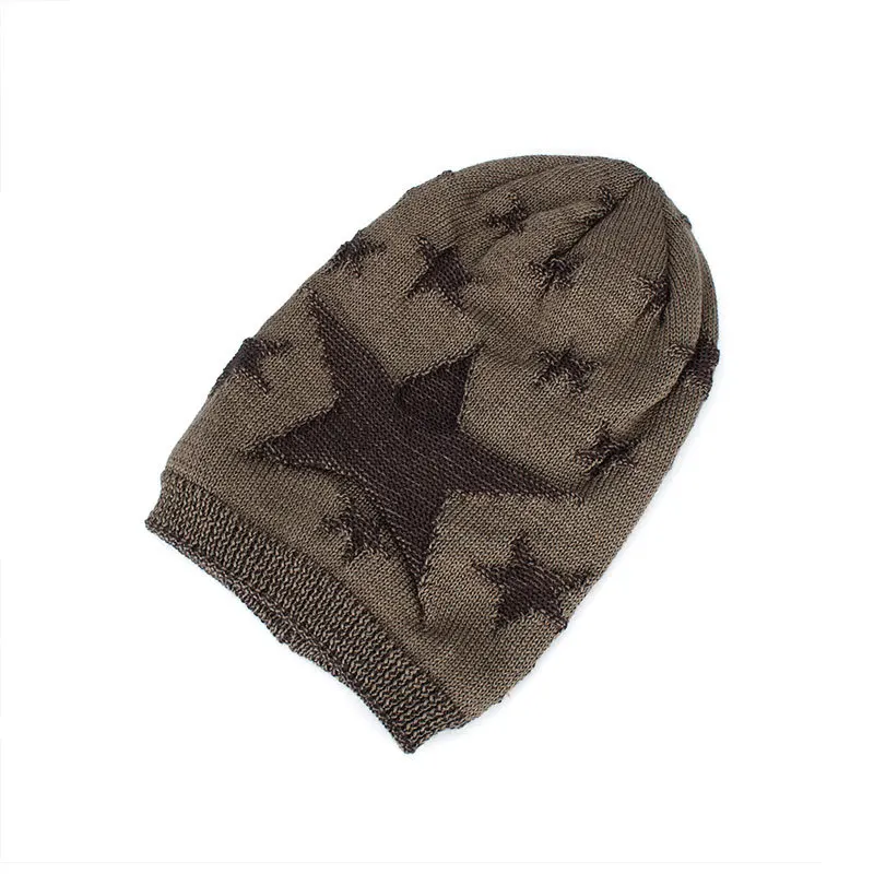 Korean-style trendy knitted wool hat, winter fleece-lined warm five-pointed star pullover hat for men, outdoor hat