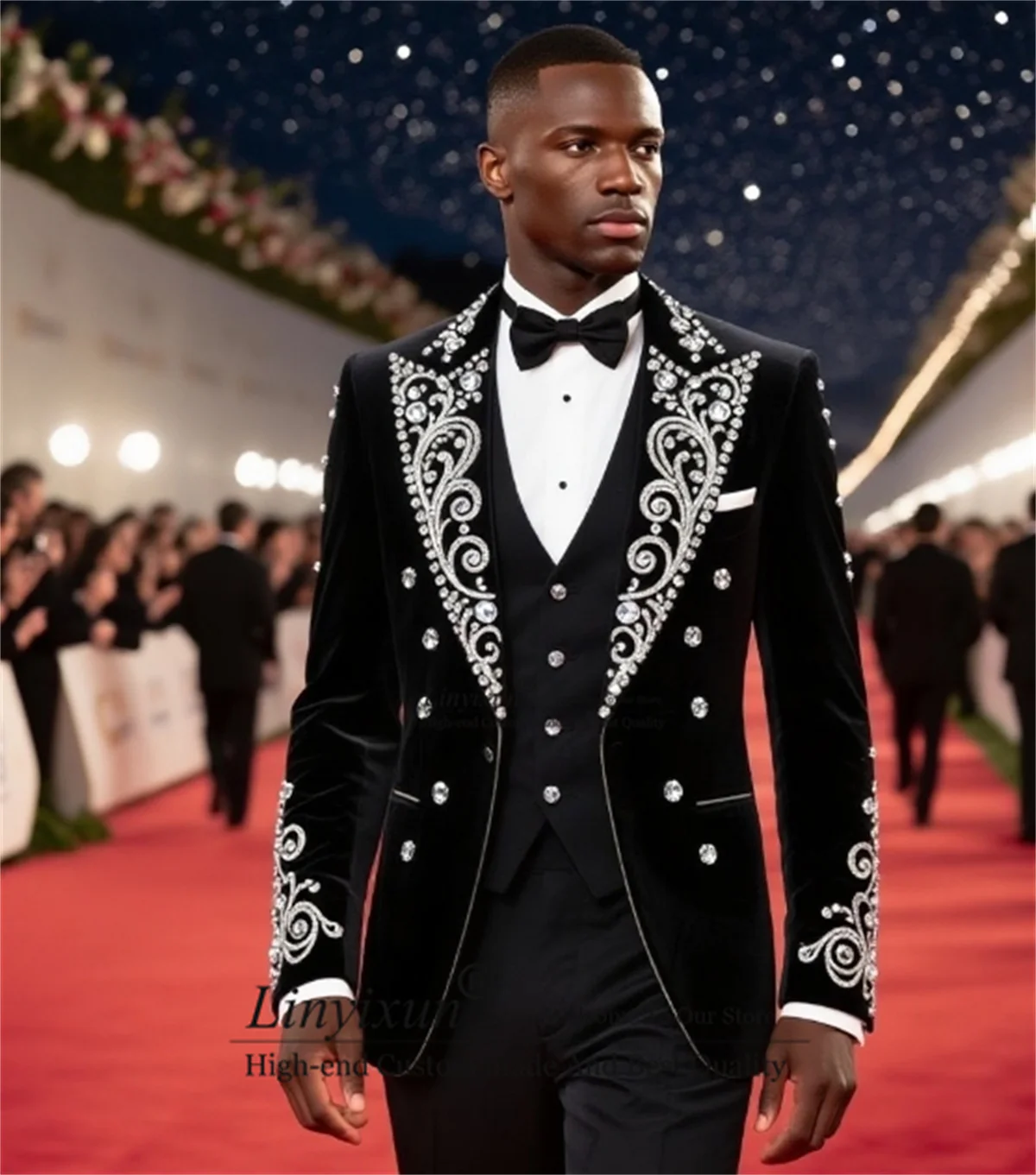 

Sparkly Metal Embellished Men Suits 3 Pieces Sets Party Prom Blazer Customized Ropa Hombre Luxury Beaded Crystals Groom Tuxedos