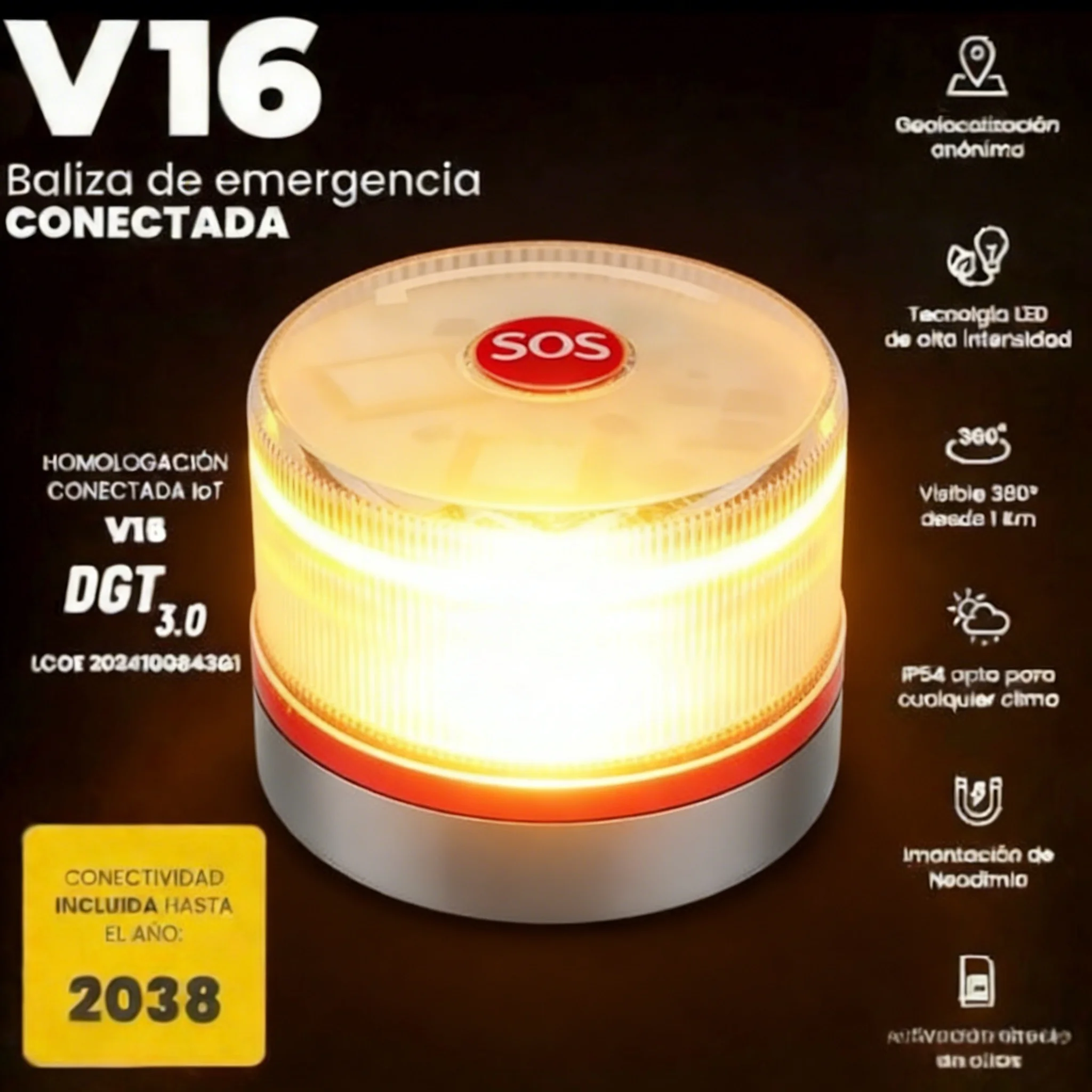 

Светодиодный автомобильный аварийный фонарь 2026 года, одобренный DGT, с геолокационным трекером для быстрой и эффективной определения местоположения, обзор 360 градусов