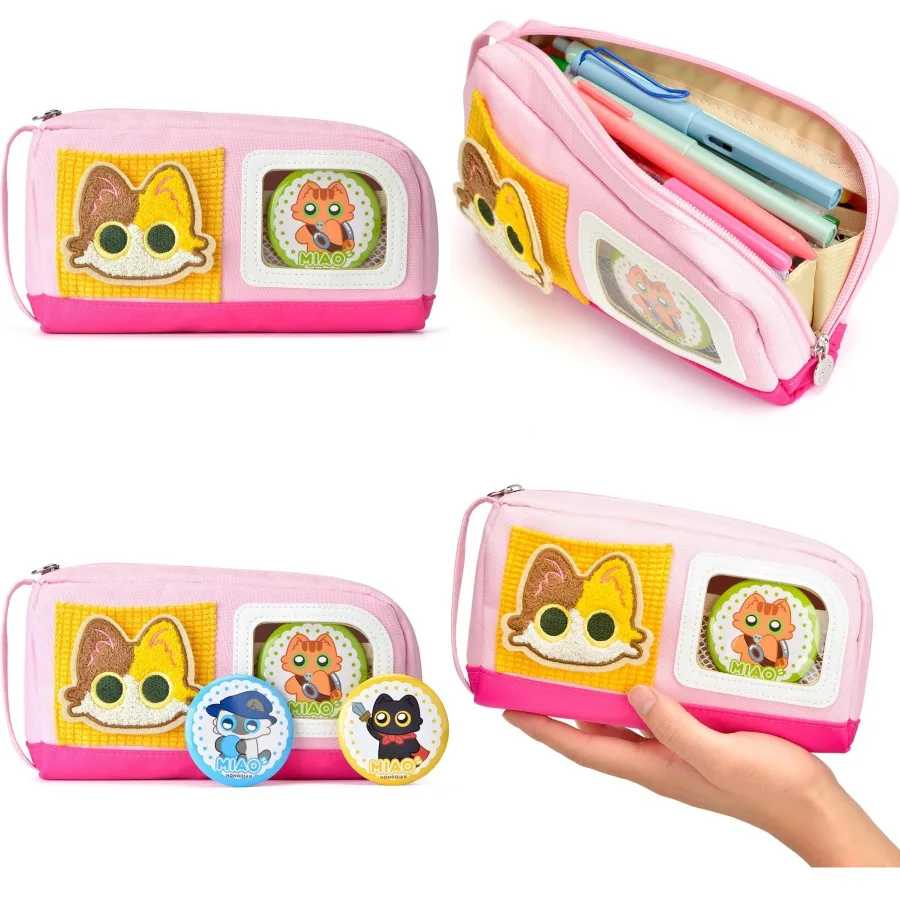 

Large Capacity Pencil Case with Adorable Cat Design for Teen Girls and Boys Featuring Magic Sticker and Decoration Badges Ideal