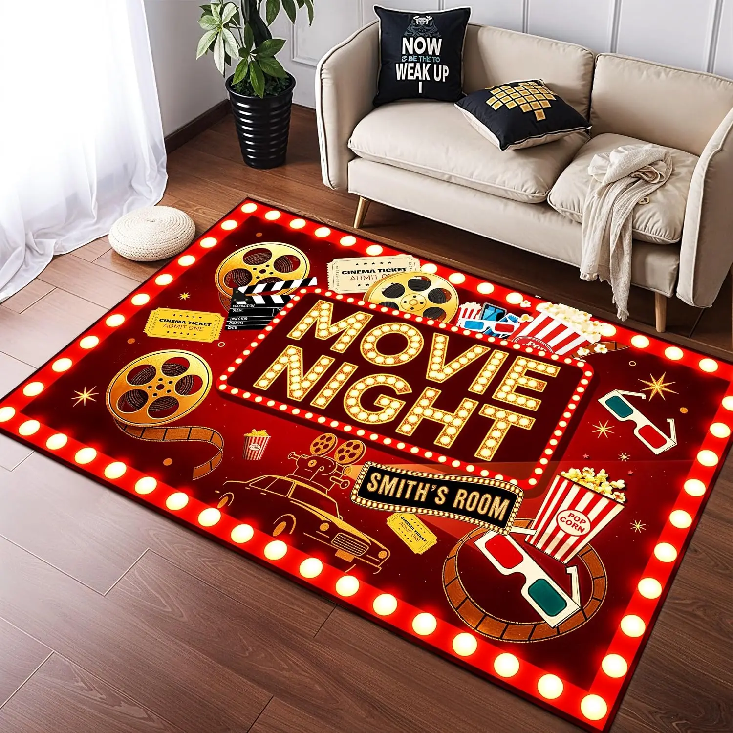 Monogrammed Name Cinema Rug, Soft Non-Slip Carpet for Home Theater Media Room, Tailored Movie Night Decor Floor Mat