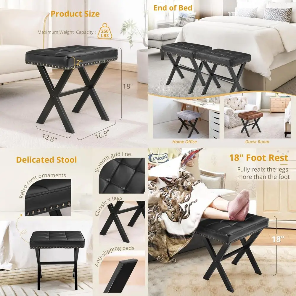

Modern Black Square Faux Leather Vanity Stool with Metal X Base, Compact Ottoman for Makeup and Living Rooms