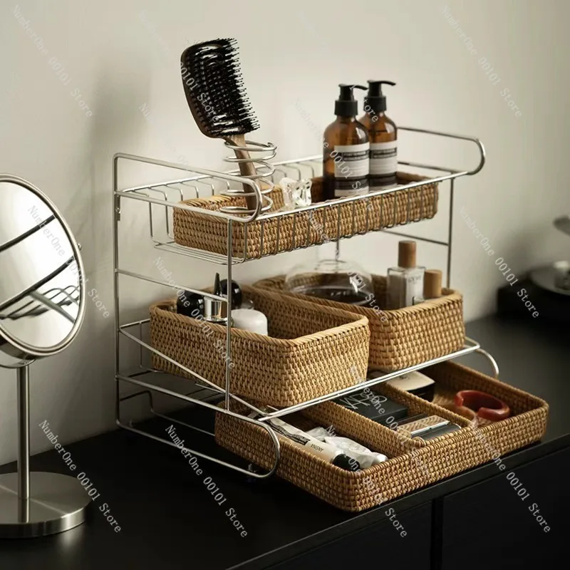 Multi-Layer Cosmetic Brush and Accessories Storage Rack, Desktop Organizer Tray, Retro High-End Style, Home Vanity and Dressing