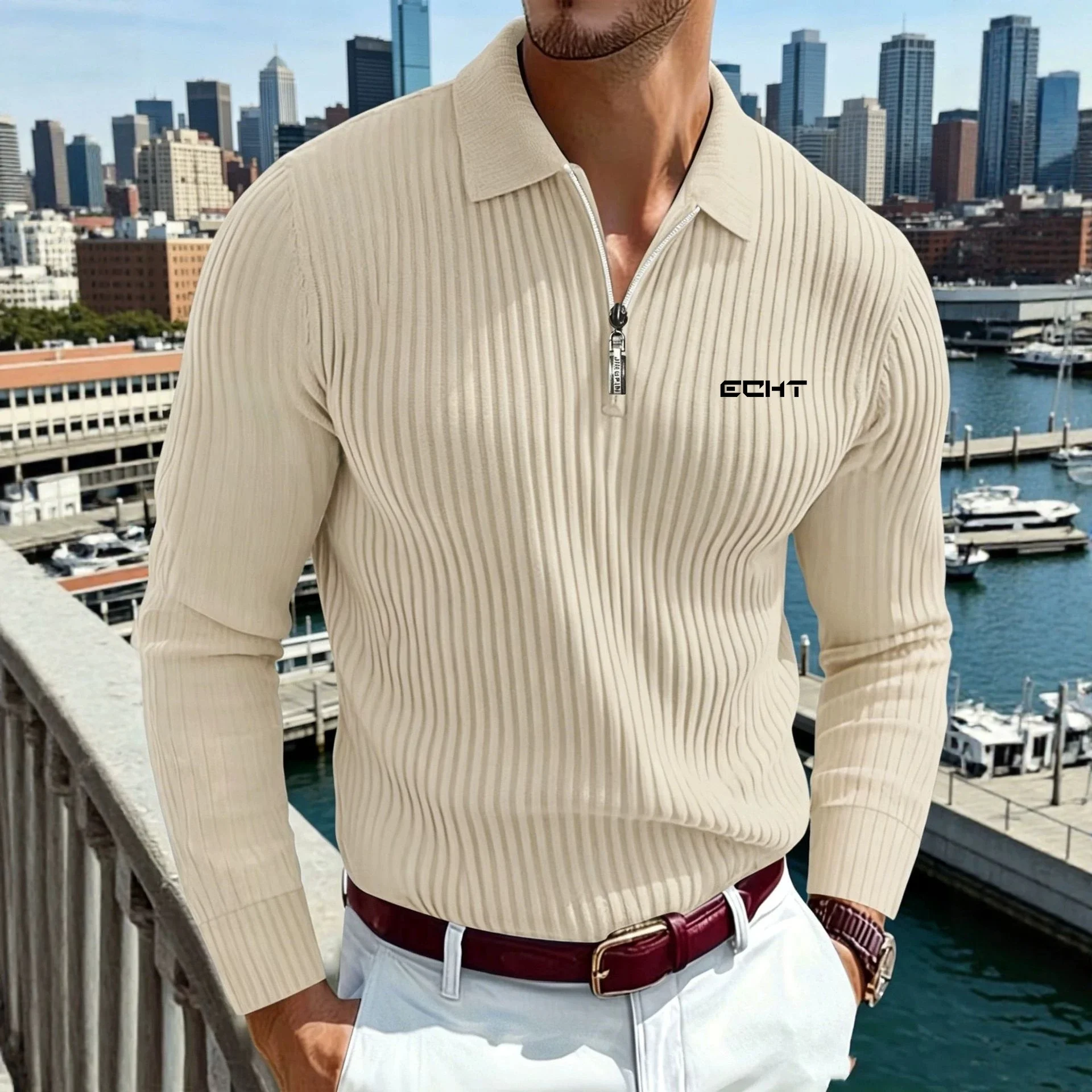 2025 Cross-border New European and American Men's Knitted Stand-up Collar Business Zipper Slim-fit Long-sleeve Printed Polo Shir