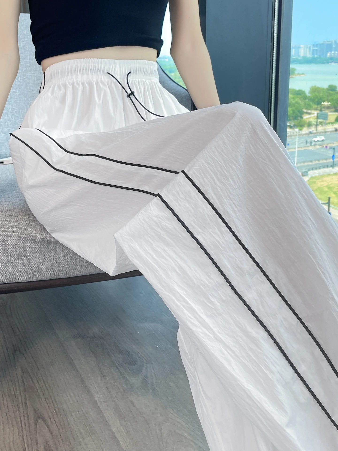 

White Thin Qui Dry Ice Silk High Waist Cargo Pants Women Summer Casual Wide Leg Two Wear Sports Hiking Trousers