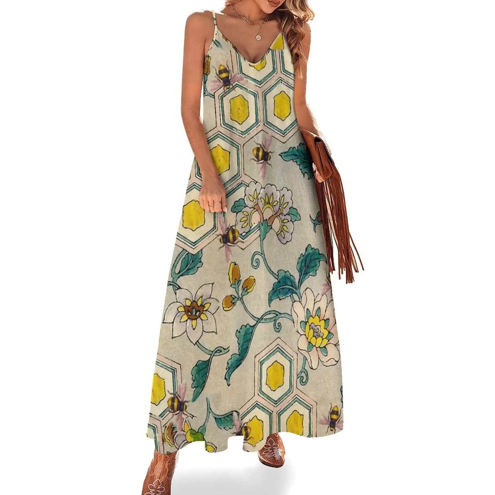 

HONEY BEES ,BEEHIVES AND SPRING FLOWERS Beekeeping Floral Pattern Sleeveless Dress woman dress luxury dress