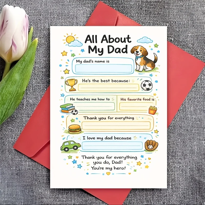 One envelope, one greeting card "About My Dad" fill-in-the-blank greeting card, cute dog pattern, Father's Day birthday greeting card, suitable for families and children, at home or in class activities