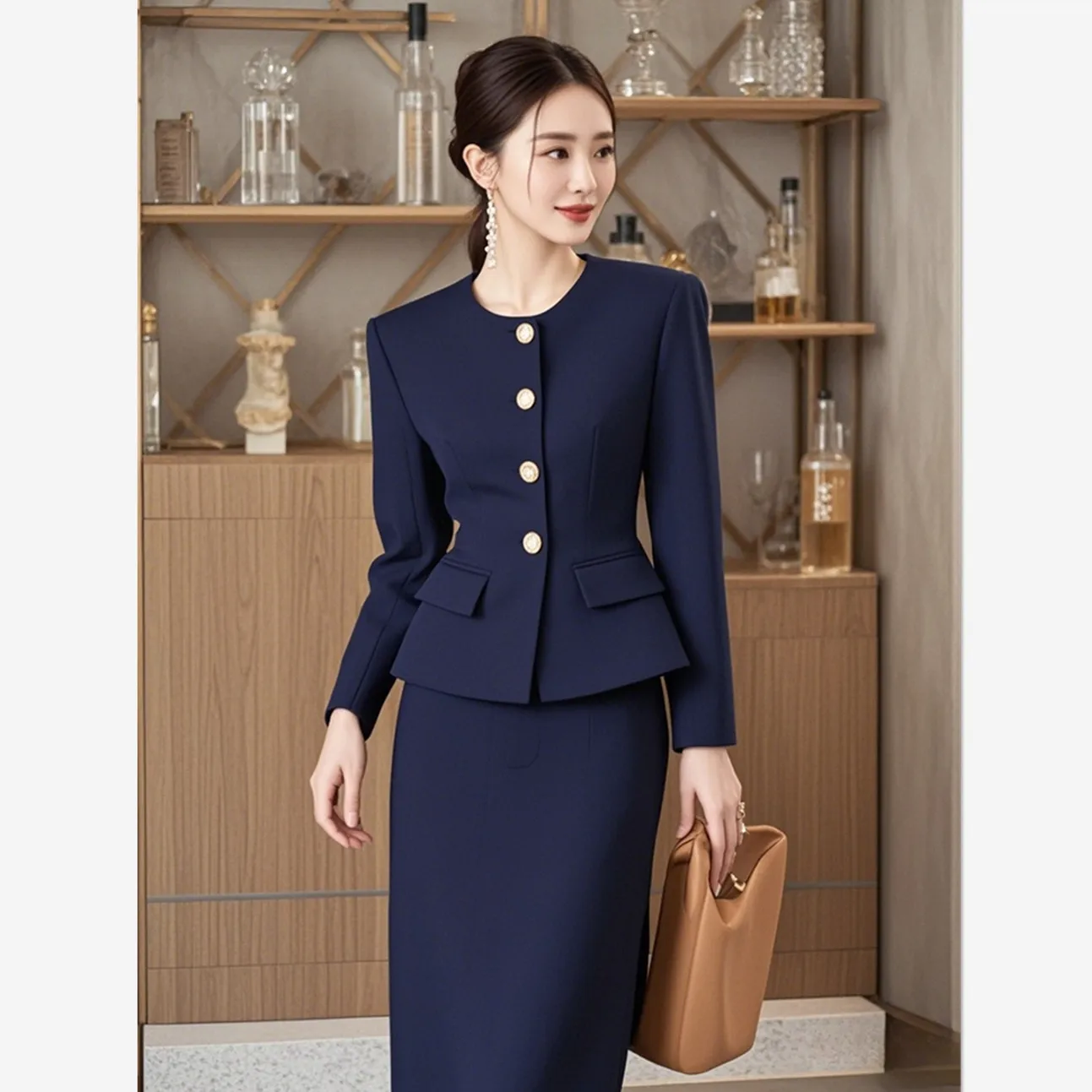 Autumn Elegant Women's Solid Color O-Neck Long Sleeves Single Breasted Office Lady Jacket + High Waist Midi Skirt 2 Pcs Set 740P