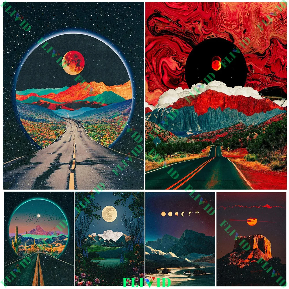 Fantasy Landscape Decorative Canvas Paintings: Cosmic Road, Mountain & Moon Scenes Wall Art Poster And Print For Home Decor