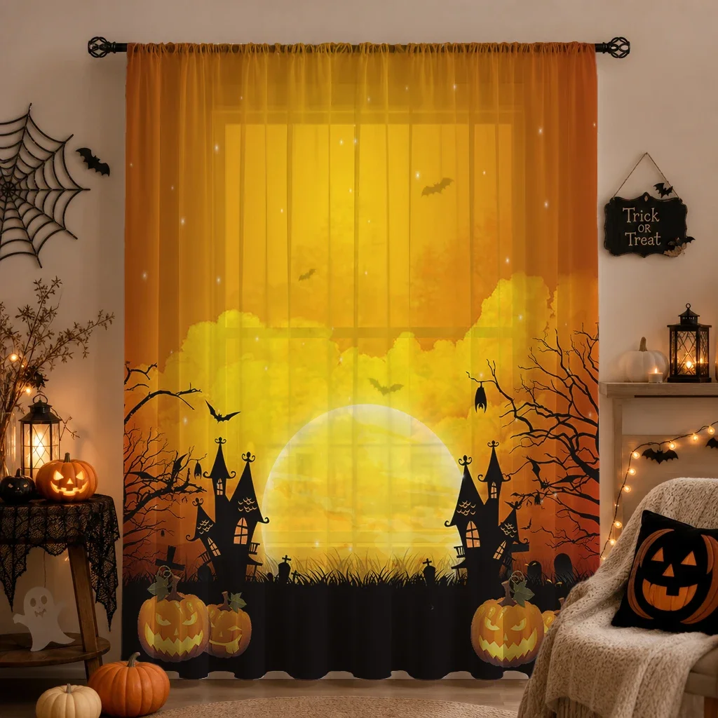 Halloween Festival Sheer Curtain, Good Quality Light Reducing Privacy Voile For Living/Bedroom/Kids Room,Halloween Festival Gift