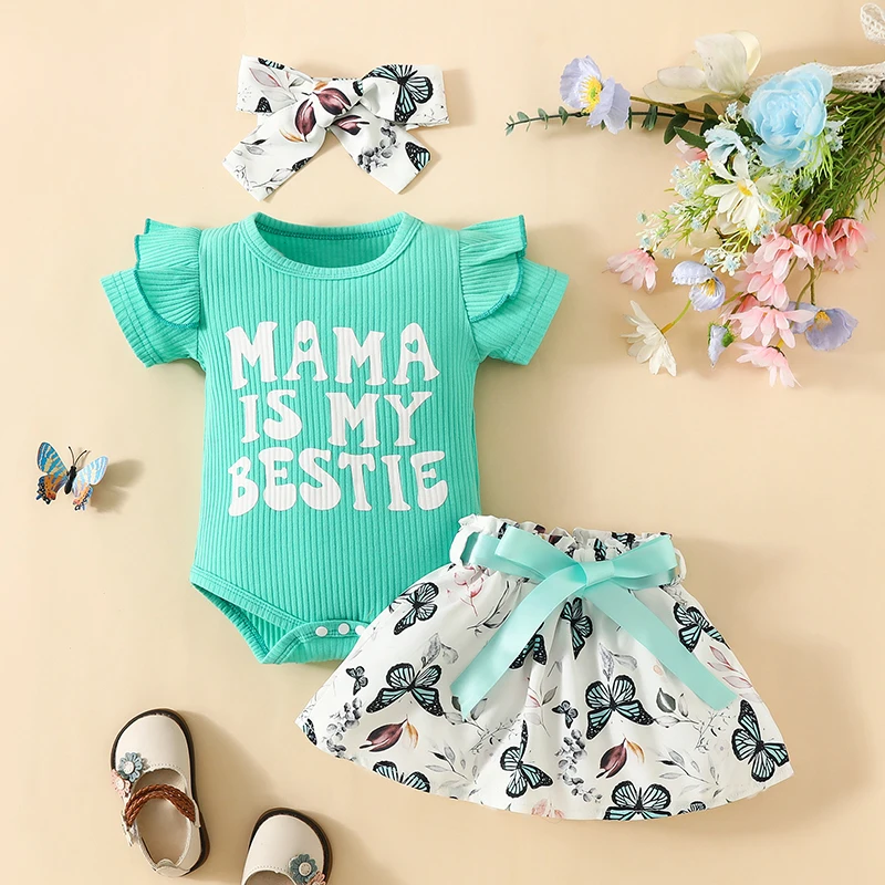 Summer Baby Girl Clothes Butterfly Print Skirt Suits Short Sleeve Letter Bodysuit Hairband 3Pcs Set Baby Girl clothes 0-18Months