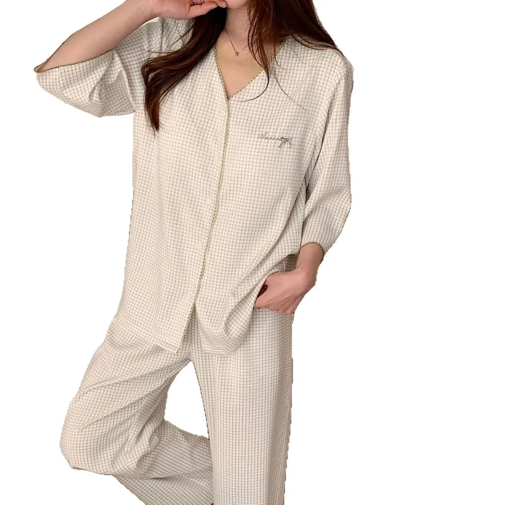Pajamas Women's Summer New V-neck Lace Embroidered Loungewear Retro Plaid Sweet Suit 5