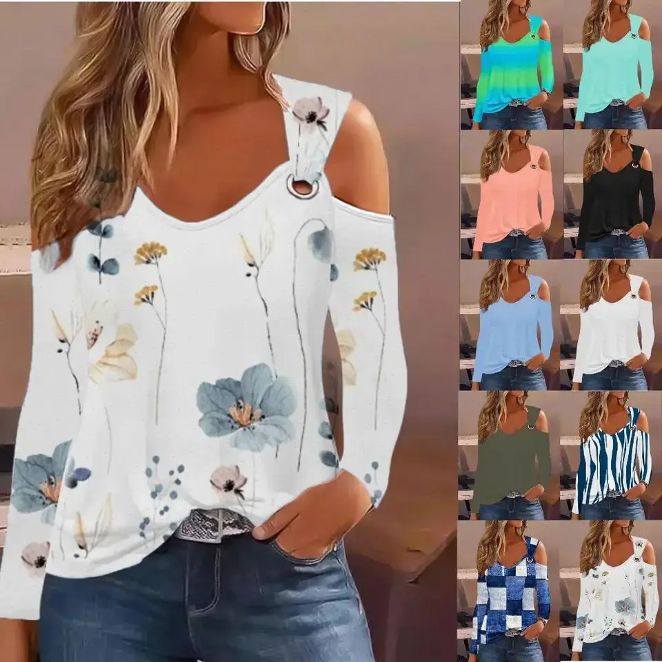 Shirt Women Blouse Print Off Shoulder Long Sleeve Sexy Party Autumn Spring Top Shirts Office Lady Tops 2025 Streetwear Tee