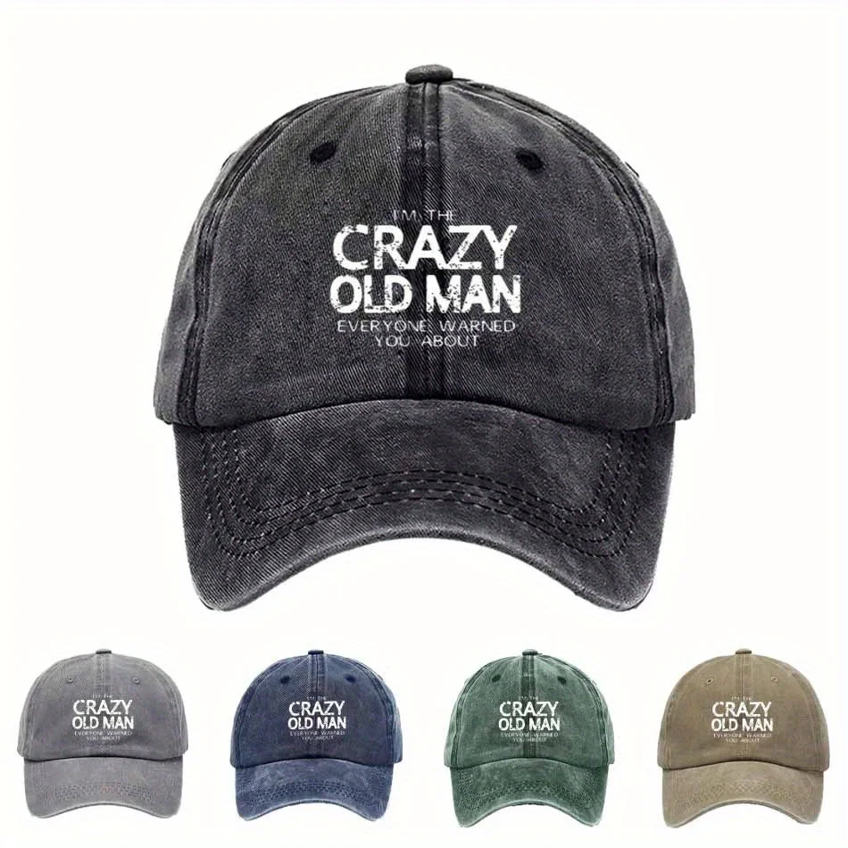 

Vintage Baseball Cap with "In the Crazy Old for Man" Text - Adjustable, Lightweight, Sun Protection, Black with White Lettering,