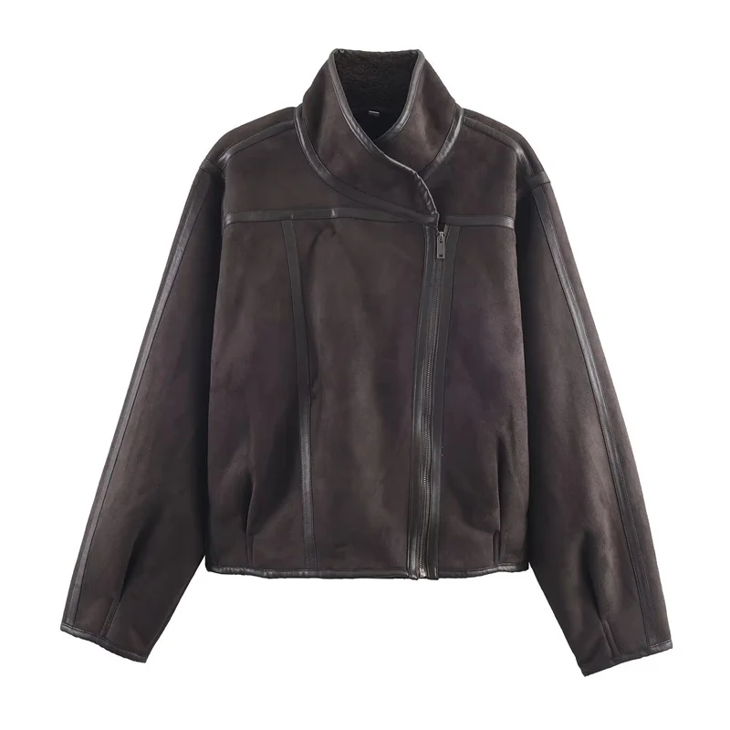 

Women's Coat 2025 Winter New Style Reddish-Brown Long-Sleeve Double-Sided Asymmetric Decorative Warm Jacket Casual Fashion