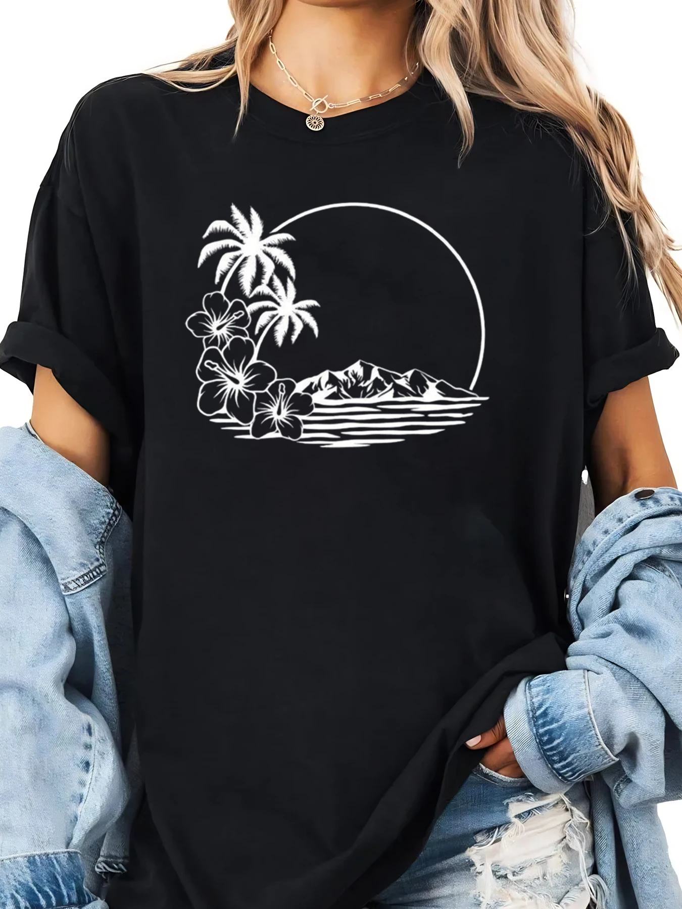 Tropische palmboom bloemen bergprint zomervakantie oversized T-shirt dames casual strandkleding zwart plus-size